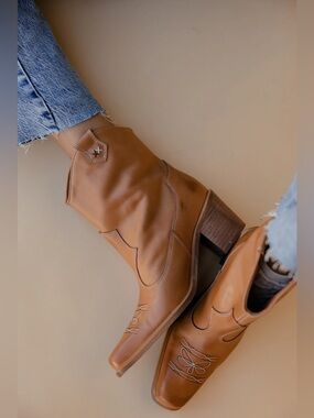 Free People Wandering Western Cognac Leather Western Ankle Boots